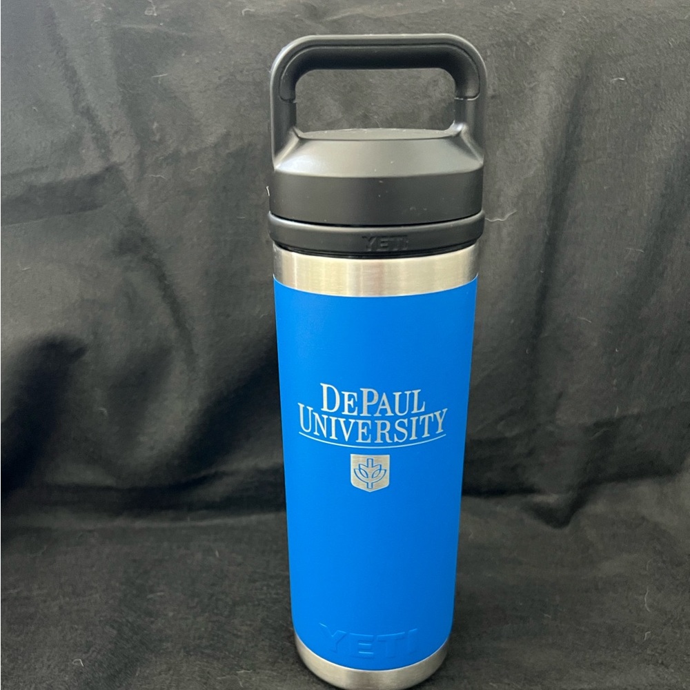 Yeti 18oz Rambler with chug cap. Never used. DePaul Blue.